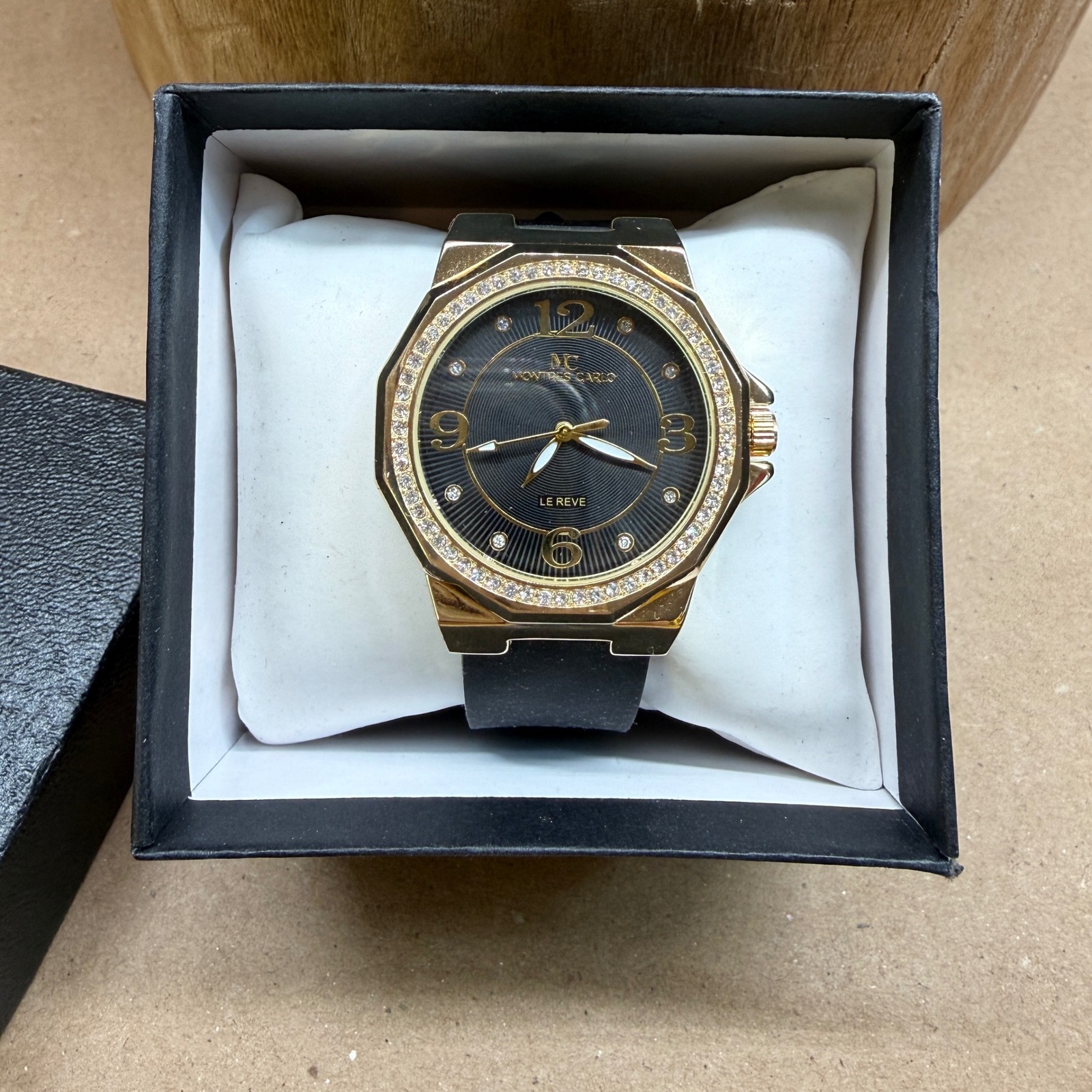 Montres Carlo Le Reve Gold Tone Crystal Bezel Black Dial Silicone Band Watch New